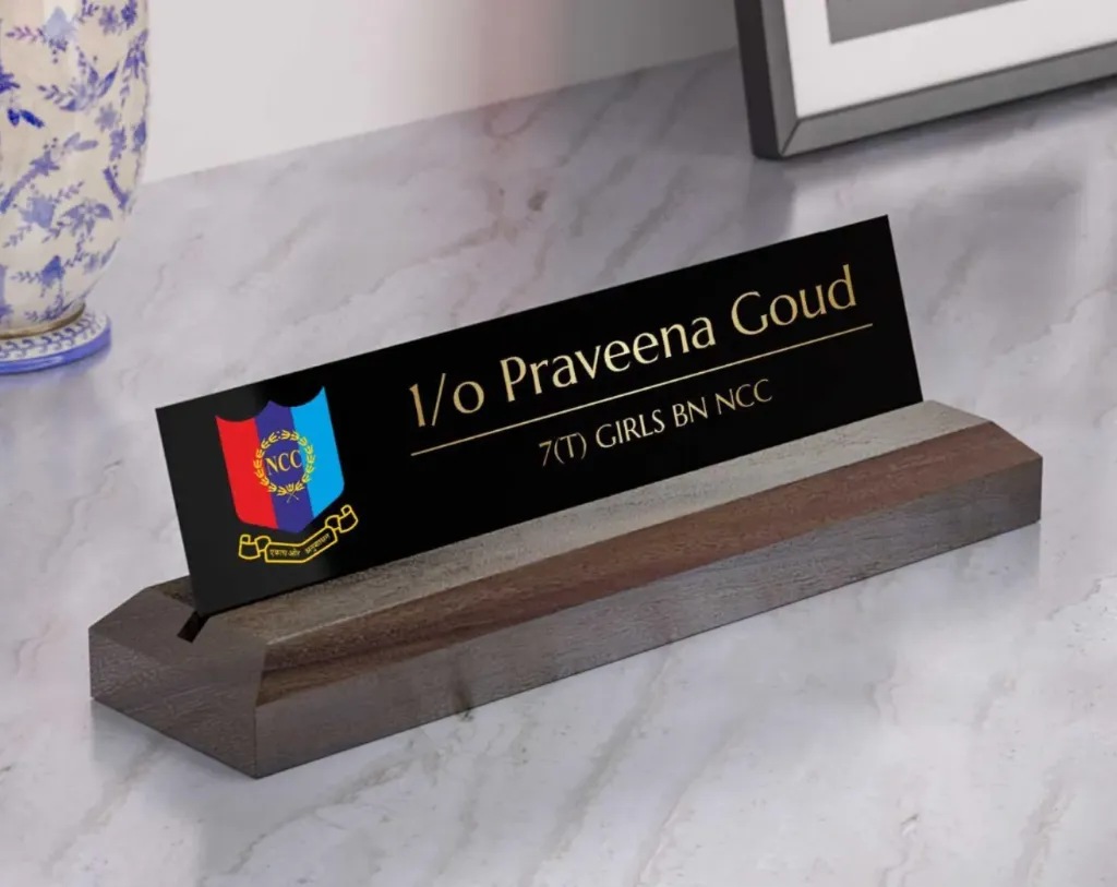 Excelus Office Desk Name Plate - National Cadet Corps (NCC) (Small (8 inch × 2½ inch × 2 inch), Black Plate with Gold Lettering)
