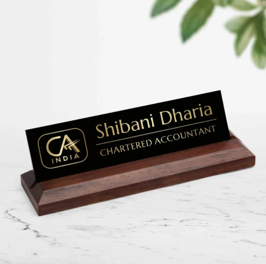 Excelus Office Desk Name Plate - Chartered Accountant (CA) (Small (8 inch × 2½ inch × 2 inch), Black Plate with Gold Lettering)