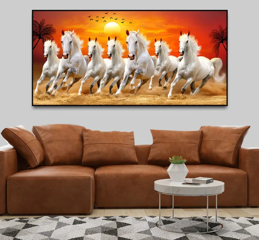 Seven Horses Running at Sunrise Premium Canvas Wall Painting (READY TO HANG (FITTED WITH WOOD FRAME)