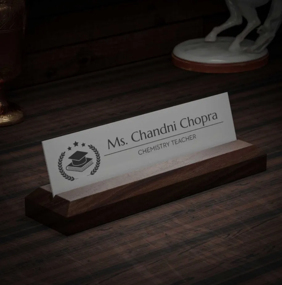 Excelus Office Desk Name Plate - Teache (Small (8 inch × 2½ inch × 2 inch), Frosted White Plate with Black Lettering)