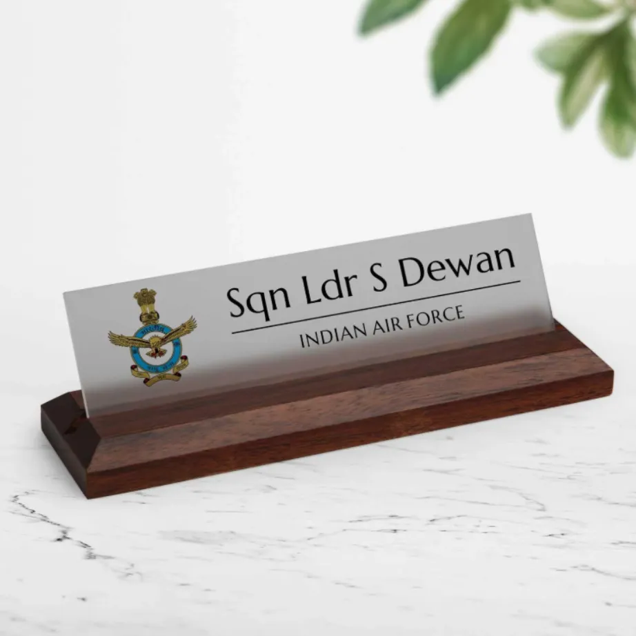 Excelus Office Desk Name Plate - Indian Air Force (Small (8 inch × 2½ inch × 2 inch), Black Plate with Gold Lettering)